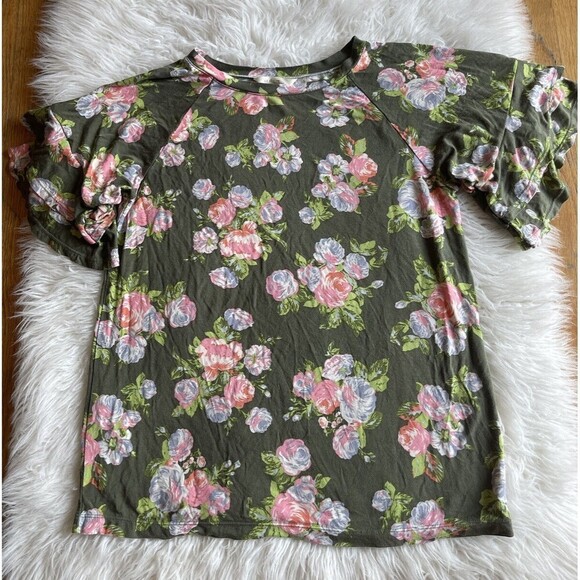 Matilda Jane Womens Sz XS Green Floral Print Ruffle Short Sleeve blouse - Picture 2 of 10